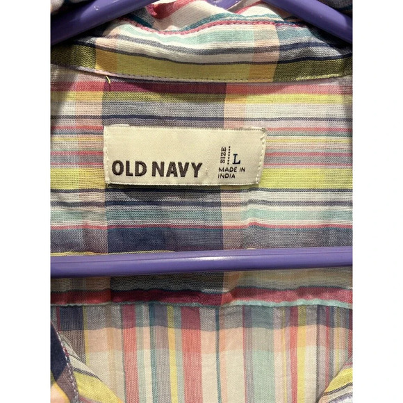 Old Navy Button Up Shirt Pink Purple Plaid Sheer Long Sleeve Collared Large - Picture 3 of 9